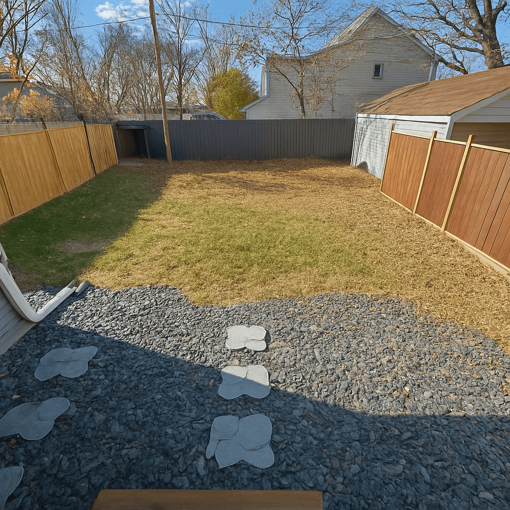 Private fenced backyard with stone walkway.