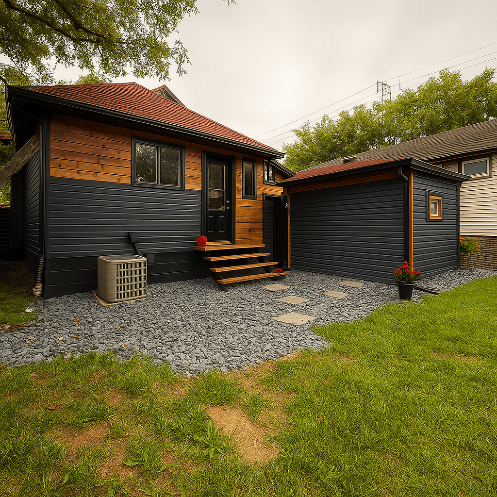 Backyard view with grass and mature trees.
