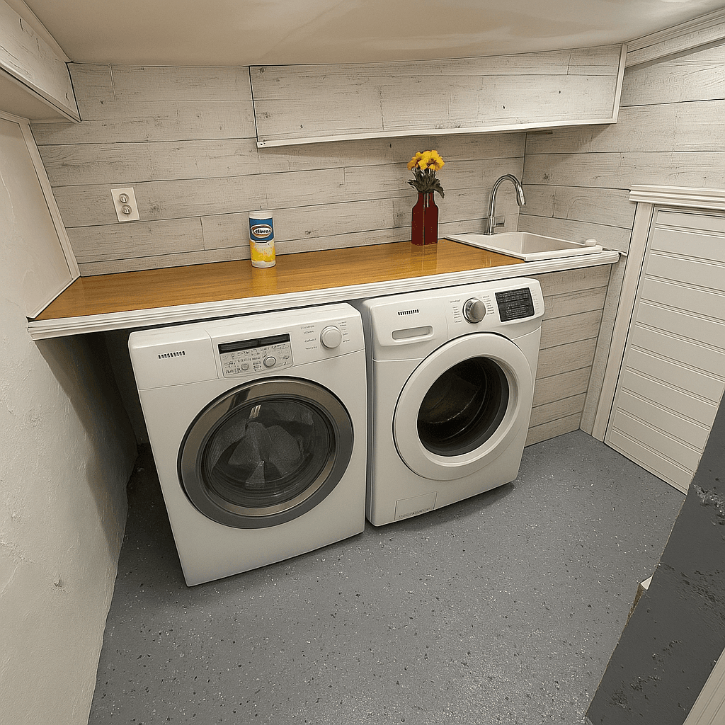Basement laundry area with washer and dryer.