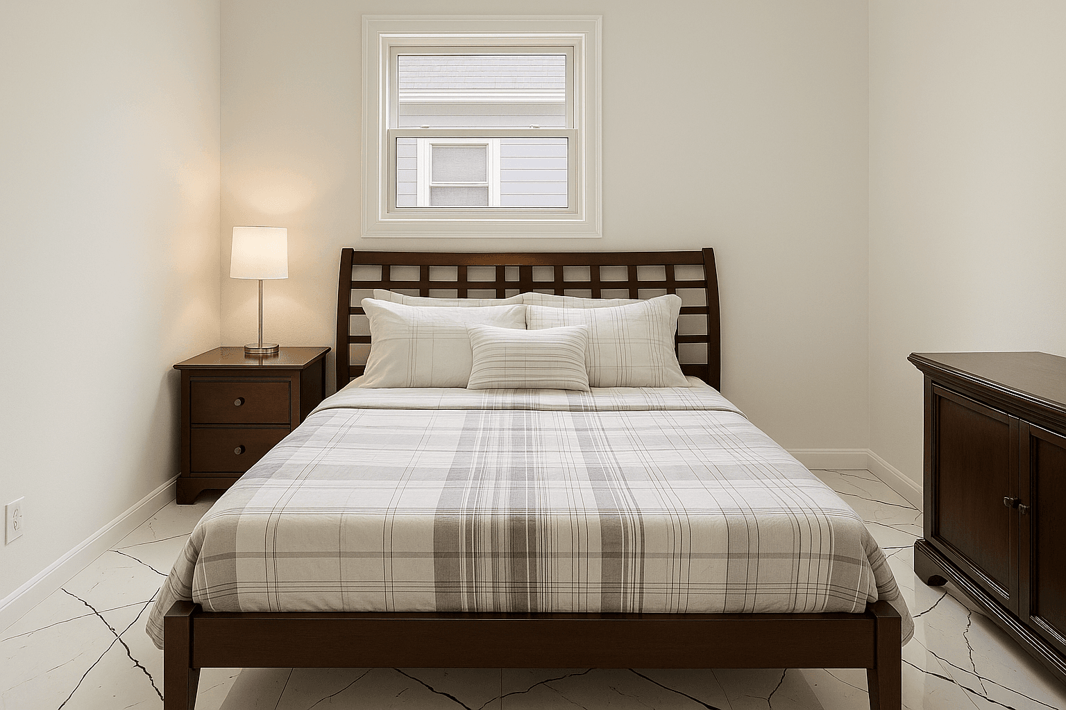 Bright cozy bedroom with window and tile floors.