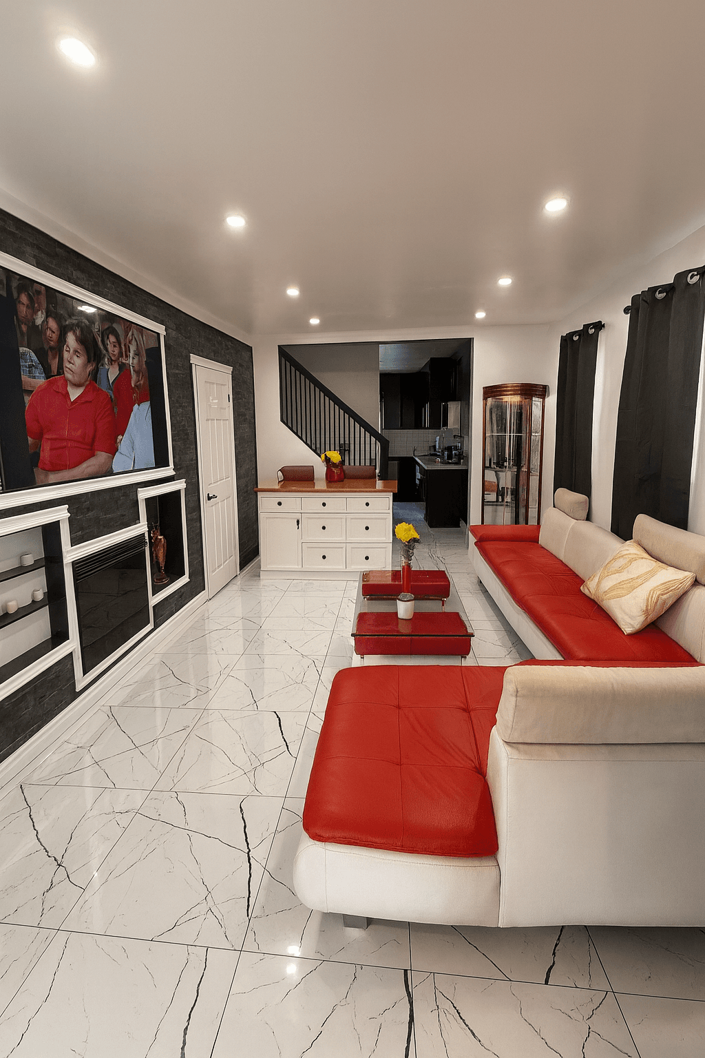 Modern renovated living room with tile floors.